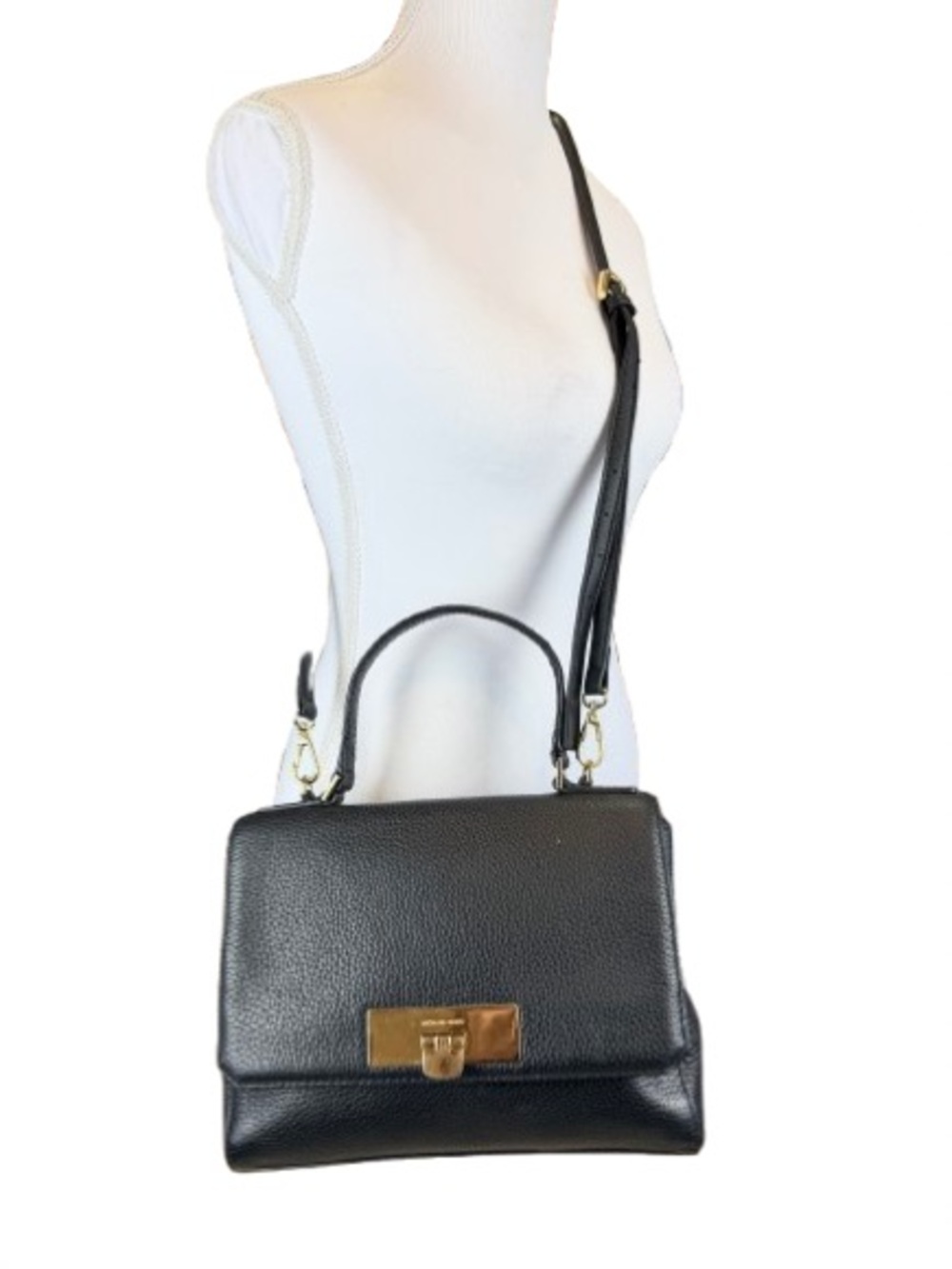 Michael Kors Callie Black Pebbled Leather Satchel Crossbody Bag Gold Lock Preppy